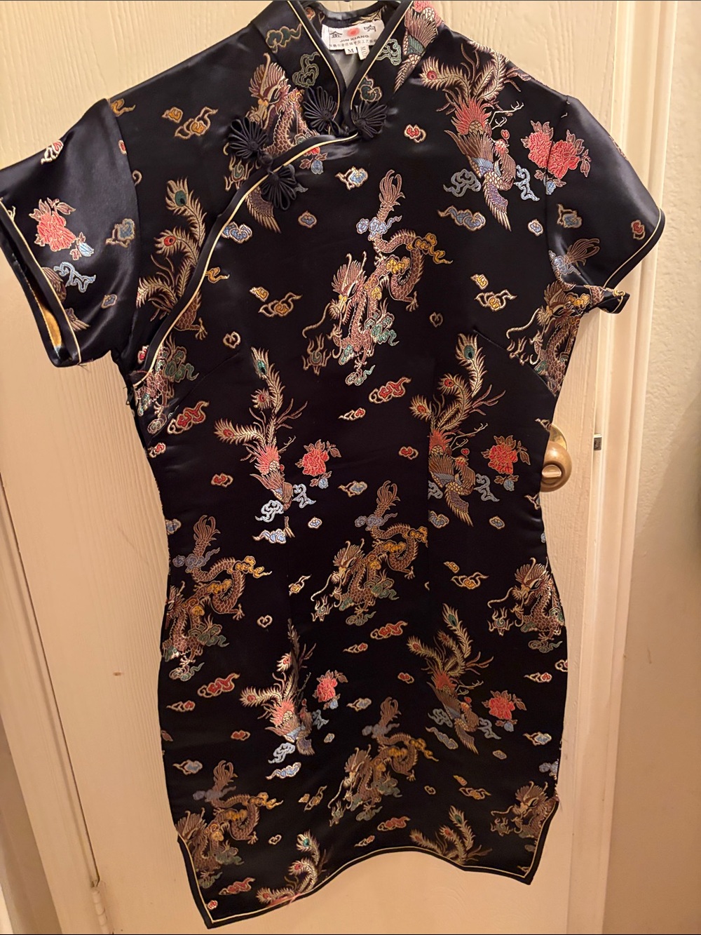 Brand New Black Floral Embroidered Satin Cheongsam Dress